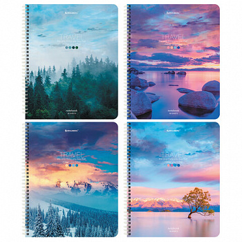 Тетрадь А5 96 л. BRAUBERG, гребень, клетка, обложка картон, "Travel" (микс в спайке)