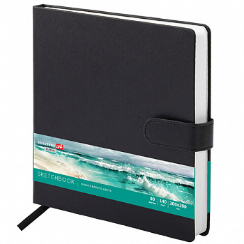 Скетчбук, белая бумага 140 г/м2 200х200 мм, 80 л., КОЖЗАМ, застежка, BRAUBERG ART CLASSIC, черный