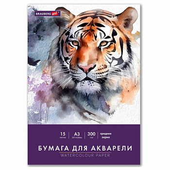 Бумага для акварели БОЛЬШАЯ А3 в папке, 15 листов, 300 г/м2, среднее зерно, BRAUBERG ART CLASSIC