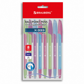 Ручки шариковые BRAUBERG "X-333 NEON MIX", НАБОР 8 ШТУК, СИНИЕ, узел 0,7 мм, линия 0,35 мм