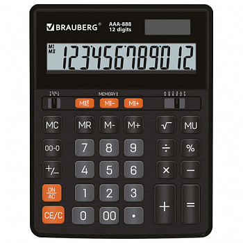 Калькулятор настольный BRAUBERG AAA-888 (202x159 мм),12 разрядов, ЧЕРНЫЙ, двойное питание