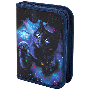 Пенал BRAUBERG с наполнением, 1 отделение, 1 откидная планка, 24 предмета, 21х14 см, "Star cat"