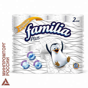 Бумага туалетная бытовая, спайка 12 шт., 2-слойная (12х20,4 м), FAMILIA PLUS, белая