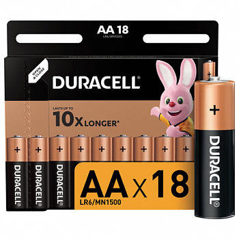 Батарейки КОМПЛЕКТ 18 шт., DURACELL Basic ОРИГИНАЛ, AA (LR6, 15А), алкалиновые, пальчиковые