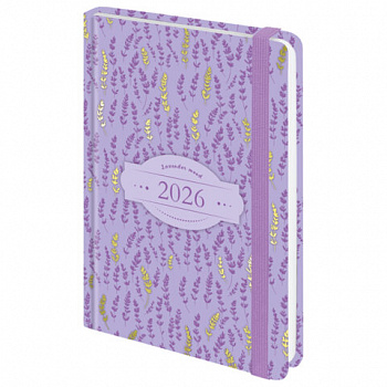 Ежедневник датированный 2026 с резинкой 145х203 мм, А5, BRAUBERG твердый, фольга, "Лаванда"