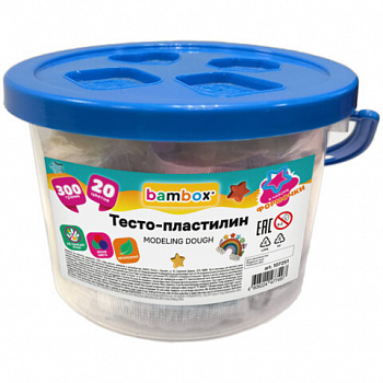 Тесто пластилин для лепки СУПЕР ПЛАСТИЧНОЕ 20 цветов 300г, в пластиковом ведерке, формочки, BAMBOX(БАМБОКС)
