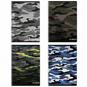 Тетрадь А4, 96 л., BRAUBERG, гребень, клетка, обложка картон, "Military"