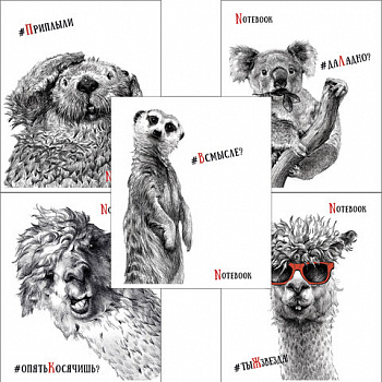 Тетрадь А5, 48 л., ПЗБМ, скоба, клетка, Soft Touch, выборочный лак, "Черно-белые звери" (5 видов)