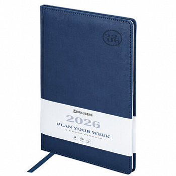 Еженедельник датированный 2026 БОЛЬШОЙ ФОРМАТ 210х297 мм, А4 BRAUBERG "Favorite", под кожу, синий