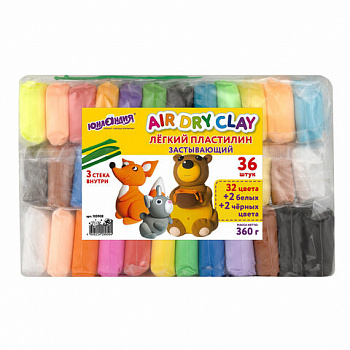 Пластилин супер лёгкий воздушный 36 шт. (32 цвета + 2 белых + 2 черных), 360 г, 3 стека, ЮНЛАНДИЯ