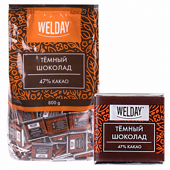 Шоколад порционный высшего качества WELDAY (ВЭЛДЭЙ) "Тёмный 47%", 800 г (160 плиток по 5 г), пакет