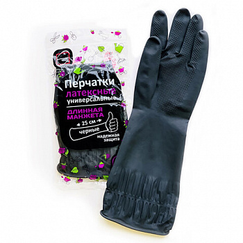 Перчатки МНОГОРАЗОВЫЕ латексные ДЛИННАЯ МАНЖЕТА 25 см ЧЕРНЫЕ, размер 8-9, L (большой), вес 90 г, КП