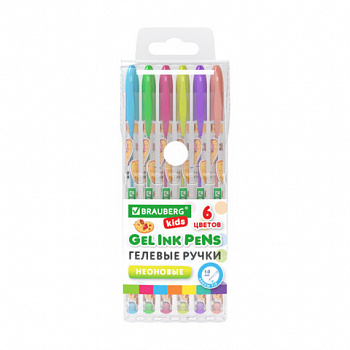 Ручки гелевые НЕОНОВЫЕ BRAUBERG KIDS "CUTE ANIMALS", НАБОР 6 ЦВЕТОВ, корпус с печатью, узел 1 мм, линия письма 0,7 мм