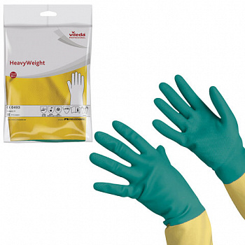 Перчатки МНОГОРАЗОВЫЕ латексные VILEDA, х/б напыление, СВЕРХПРОЧНЫЕ (неопрен), размер 7,5-8, M (средний), зелено-желтые, вес 120 г