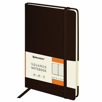Блокнот А5 (148x218 мм), BRAUBERG "Metropolis", балакрон, 80 л., резинка, клетка, коричневый
