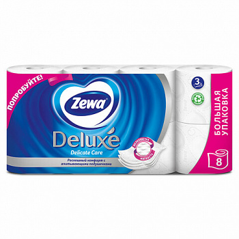 Бумага туалетная 3-х слойная 8 рулонов (8х18 м), белая, ZEWA Deluxe