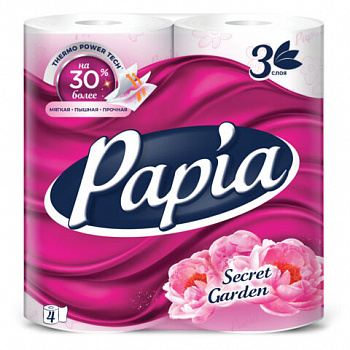 Бумага туалетная бытовая, спайка 4 шт., 3-слойная (4х16,5 м), PAPIA, аромат "Таинственный сад"