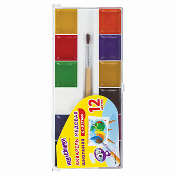 Краски акварельные ЮНЛАНДИЯ "ШКОЛЬНЫЕ", 12 цветов, медовые, увеличенный объем кювет, С КИСТЬЮ, пластиковая коробка