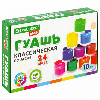 Гуашь BRAUBERG KIDS "NEW", 24 цвета по 10 мл