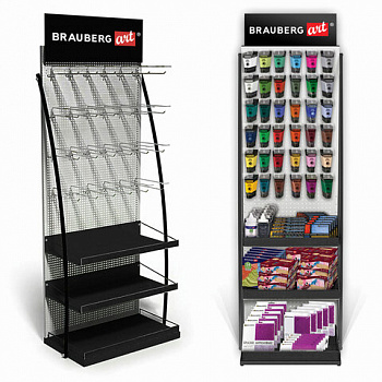 Стойка для размещения товара напольная BRAUBERG ART, 2050x600x500 мм, 35 крючков, 3 полки, металл