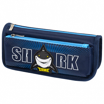 Пенал мягкий ЮНЛАНДИЯ, 2 отделения, полиэстер, "Shark", синий, 21х6х9 см