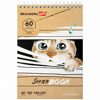 Скетчбук, белая бумага 100 г/м2, 140х201 мм, 60 л., гребень, жёсткая подложка, BRAUBERG ART DEBUT, "Котик!"