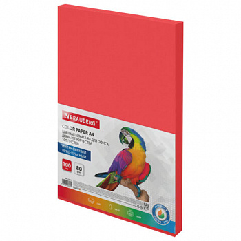 Бумага цветная BRAUBERG, А4, 80 г/м2, 100 л., интенсив, ЯРКО-КРАСНАЯ, для офисной техники