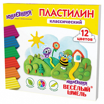 Пластилин классический ЮНЛАНДИЯ "ВЕСЁЛЫЙ ШМЕЛЬ", 12 цветов, 240 грамм, стек, ВЫСШЕЕ КАЧЕСТВО