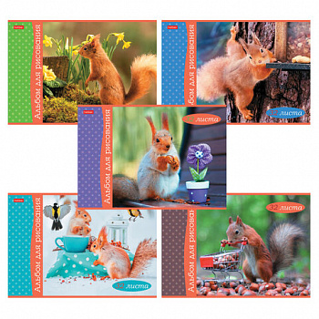 Альбом для рисования А4, 32 л., скоба, обложка картон, HATBER, 205х290 мм, "Белочка пришла" (5 видов), 091519, 32А4В