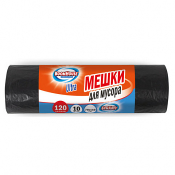 Мешки для мусора 120л черные в рулоне 10 штук особо прочные, ПВД 50 мкм, 70x110см, серия ULTRA, BOOMHOUSE