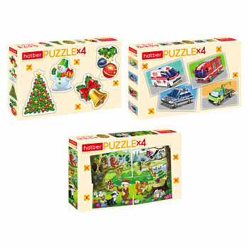 Пазл картонный ФИГУРНЫЙ, 3-8 элементов, 4 в 1, АССОРТИ, 200х140 мм, HATBER