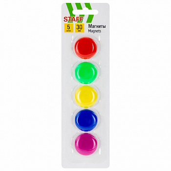 Магниты СРЕДНЕГО ДИАМЕТРА, 30 мм, НАБОР 5 штук, цвет АССОРТИ, в блистере, STAFF "Basic"
