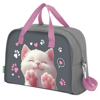 Сумка для занятий с плечевым ремнем, подкладкой BRAUBERG KIDS с ручками, 35x25x15 см, "Purr cat"